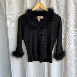 Joseph A Silk Metallic Knit Top Marabou Feather Trim Size M